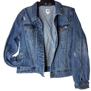 TRUE CRAFT Denim Jacket Distressed Blue Button Up Classic Chic Womens XL Western